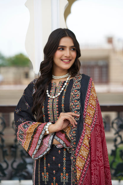 Black Embroidered Cotton Suit Set with Embroidered Cotton Dupatta