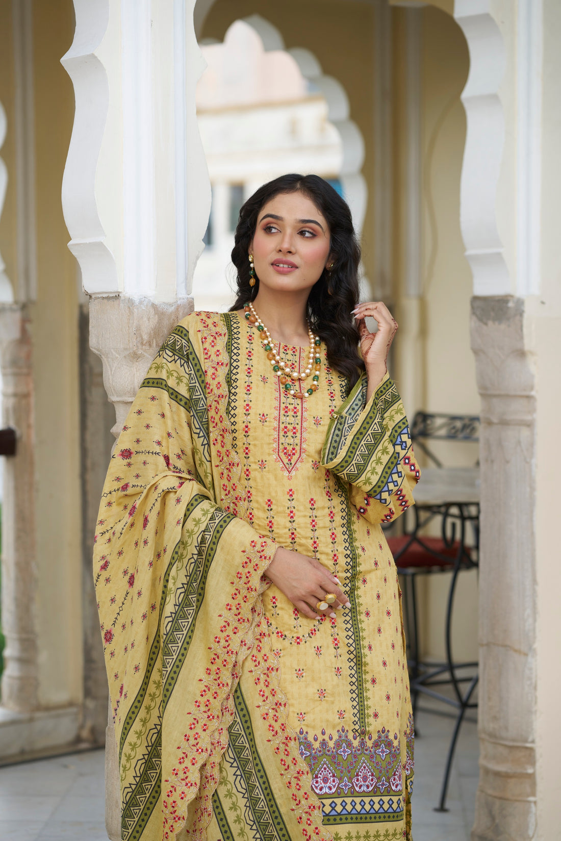 Maize Embroidered Cotton Suit Set with Embroidered Cotton Dupatta