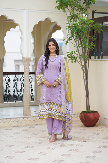 Cold Purple Embroidered Cotton Suit Set with Embroidered Cotton Dupatta