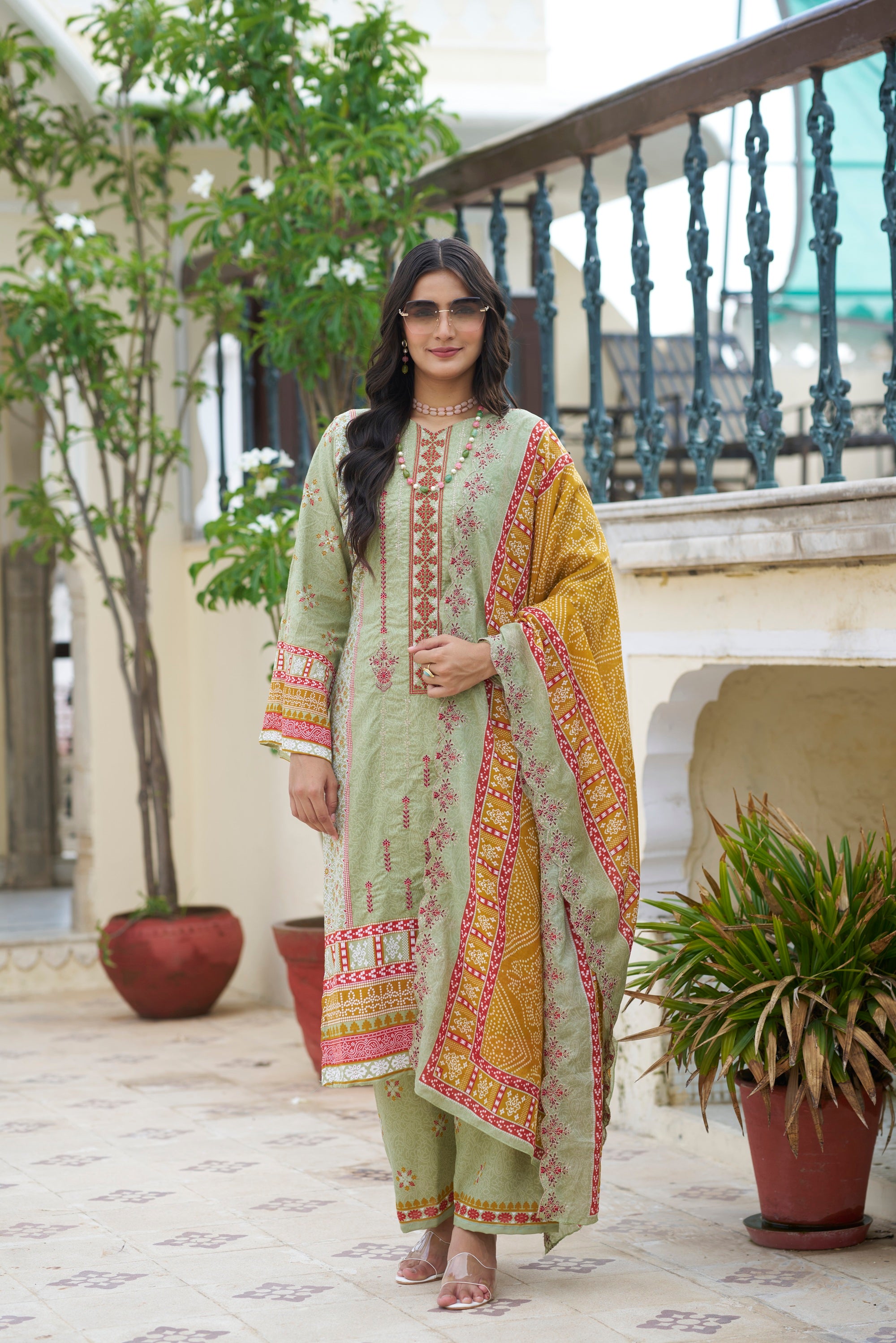 Greyish Green Embroidered Cotton Suit Set with Embroidered Cotton Dupatta