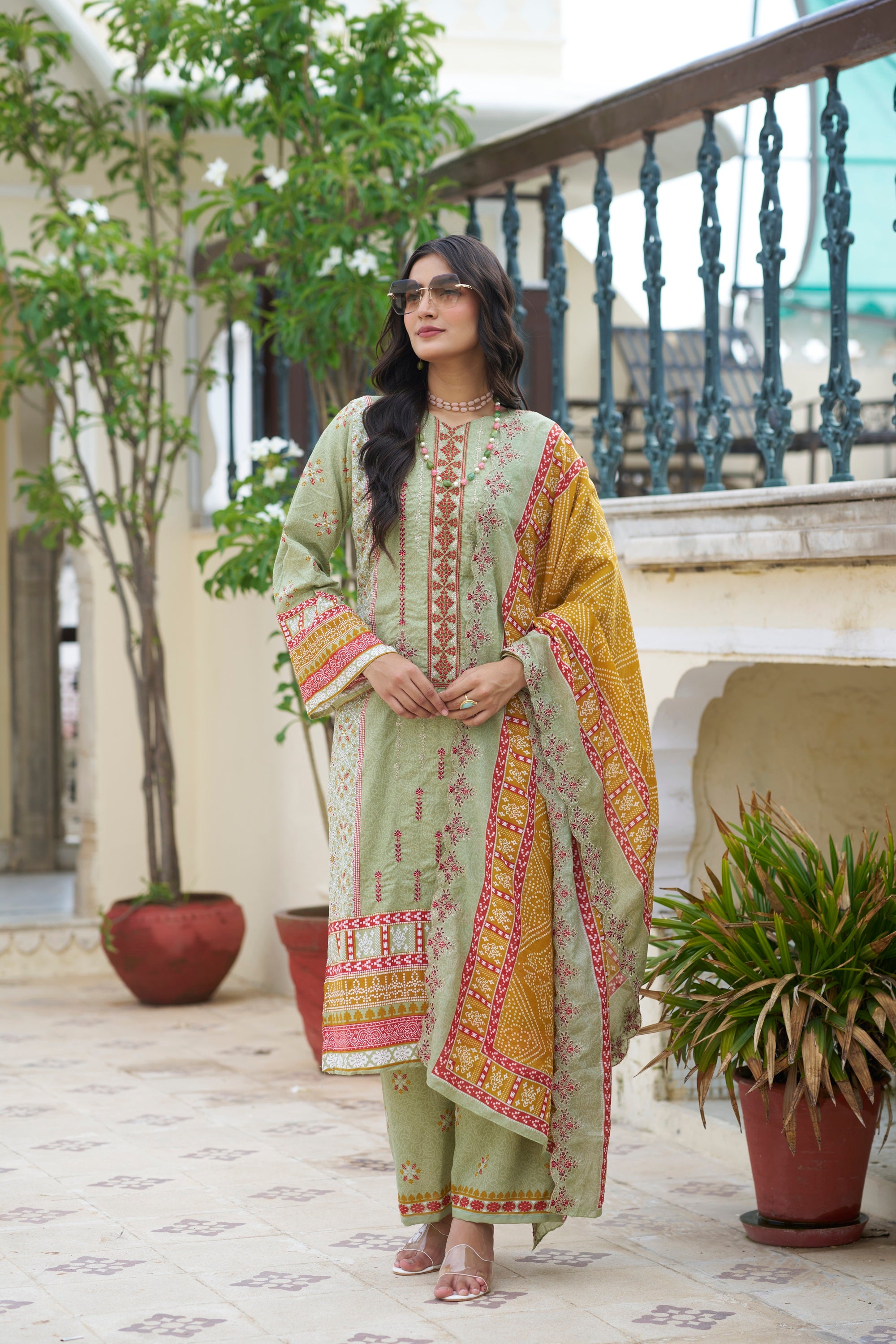 Greyish Green Embroidered Cotton Suit Set with Embroidered Cotton Dupatta