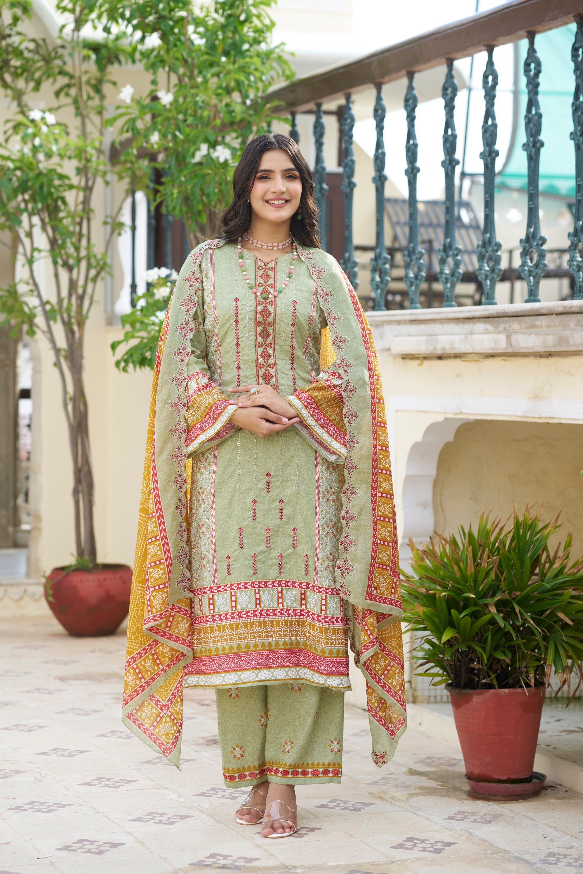 Greyish Green Embroidered Cotton Suit Set with Embroidered Cotton Dupatta