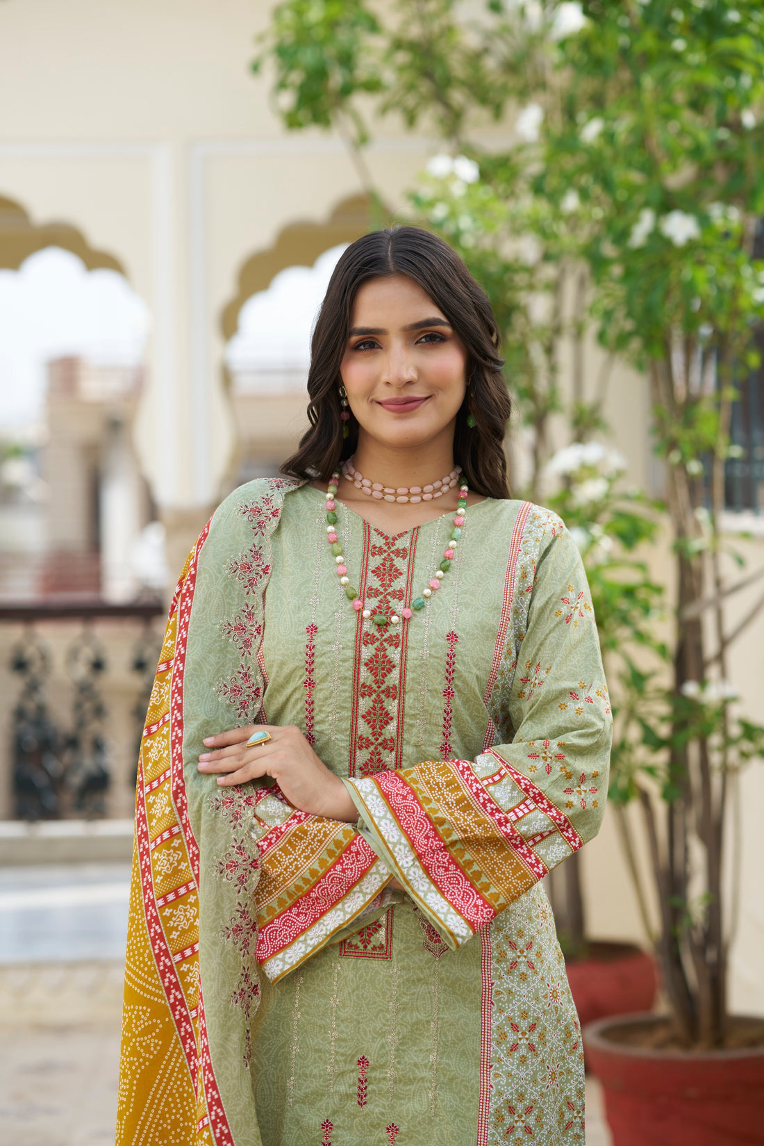 Greyish Green Embroidered Cotton Suit Set with Embroidered Cotton Dupatta