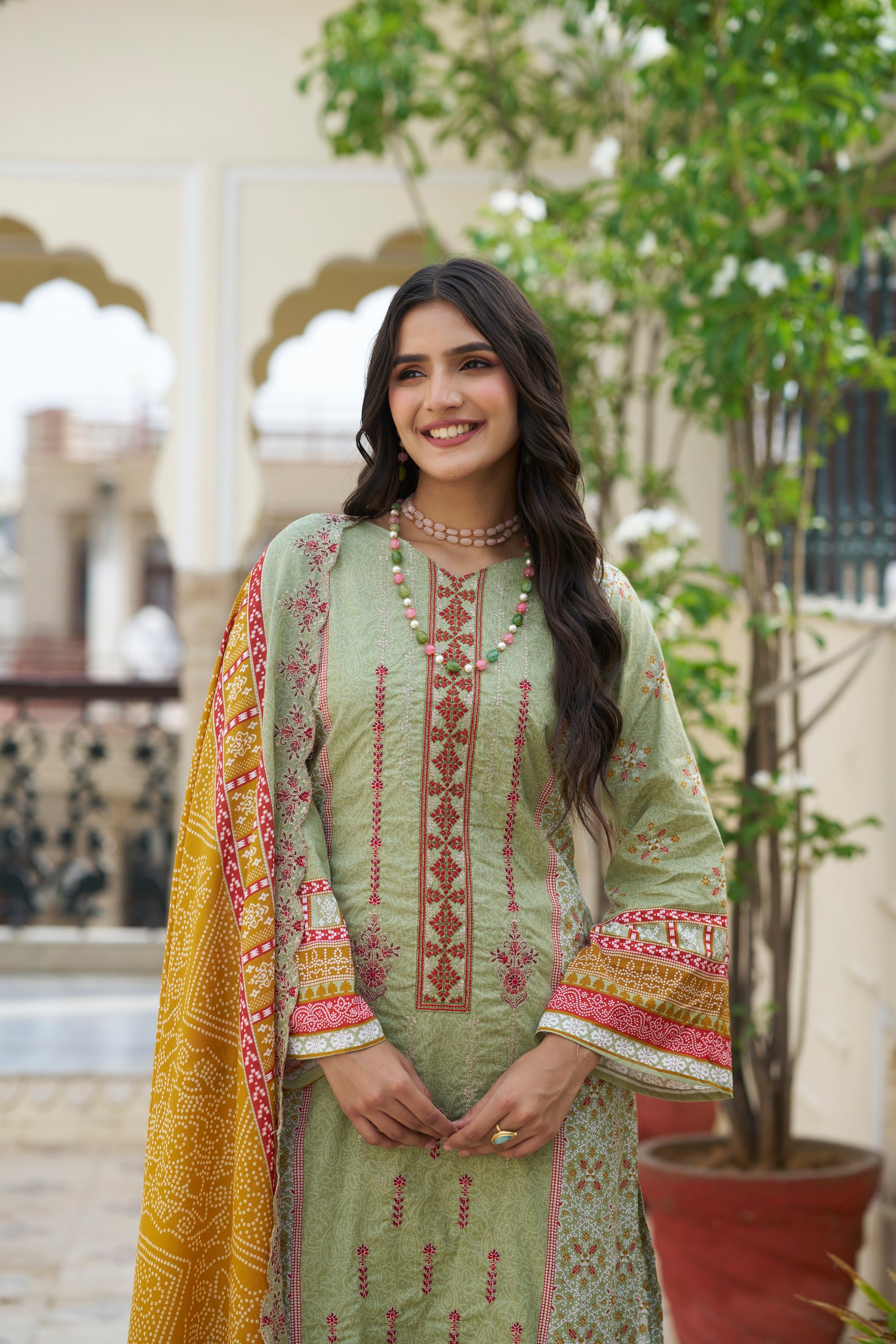 Greyish Green Embroidered Cotton Suit Set with Embroidered Cotton Dupatta
