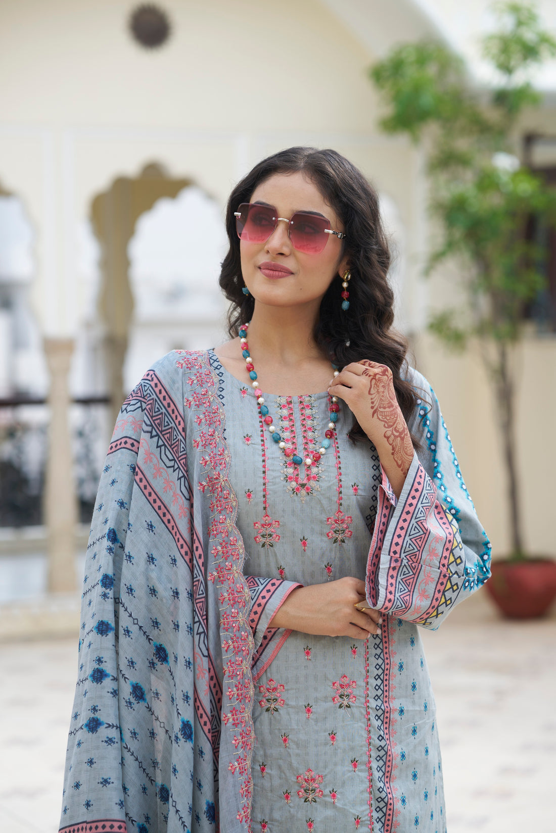 Blue Haze Embroidered Cotton Suit Set with Embroidered Cotton Dupatta