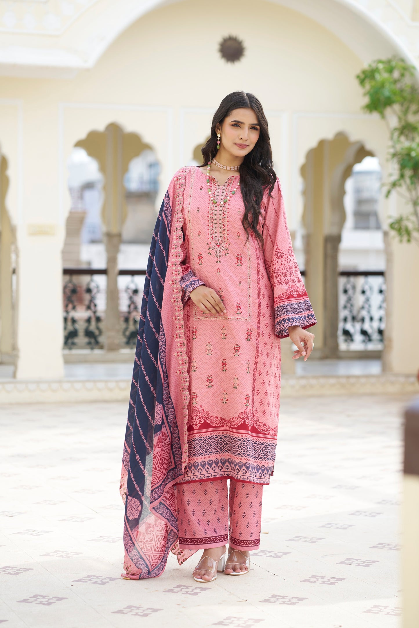 Old Pink Embroidered Cotton Suit Set with Embroidered Cotton Dupatta