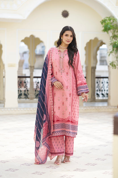 Old Pink Embroidered Cotton Suit Set with Embroidered Cotton Dupatta