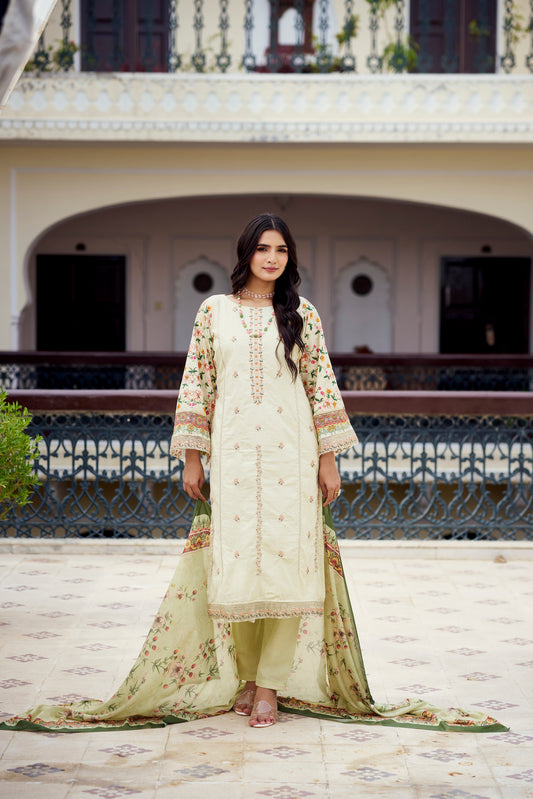 Peppermint Embroidered Cotton Suit Set with Digital Printed Dupatta