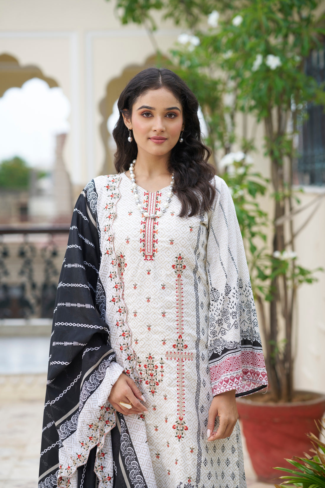 Titan White Embroidered Cotton Suit Set with Embroidered Cotton Dupatta