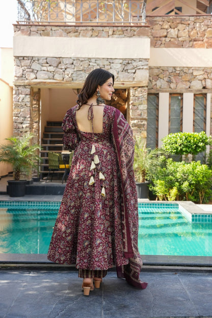 Wine Printed Cotton Anarkali Suit Set with Dupatta