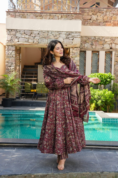 Wine Printed Cotton Anarkali Suit Set with Dupatta