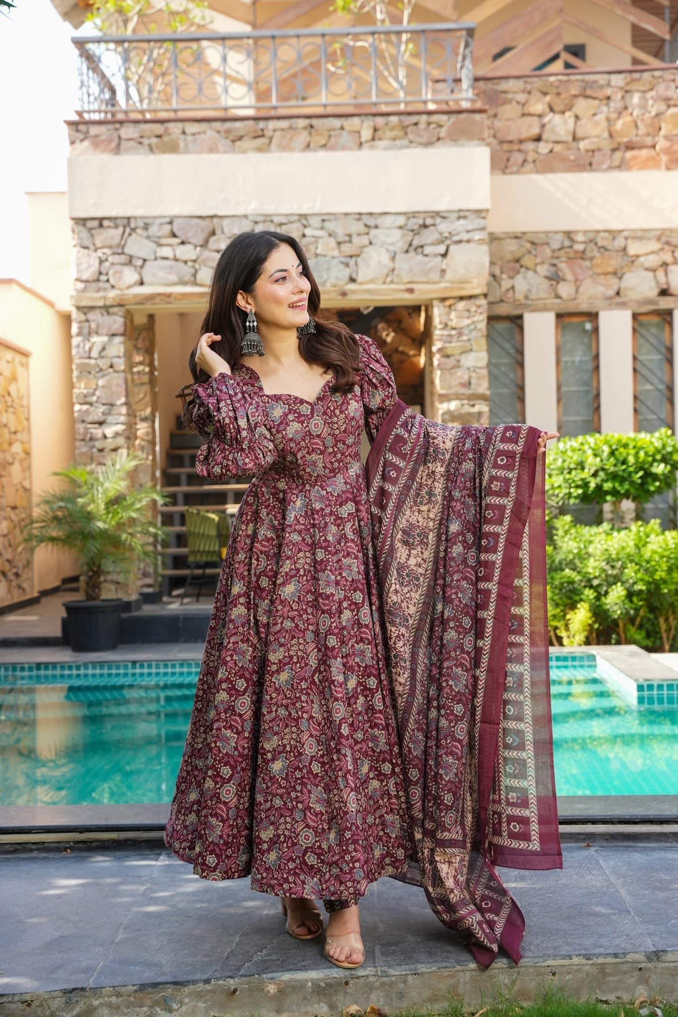 Wine Printed Cotton Anarkali Suit Set with Dupatta