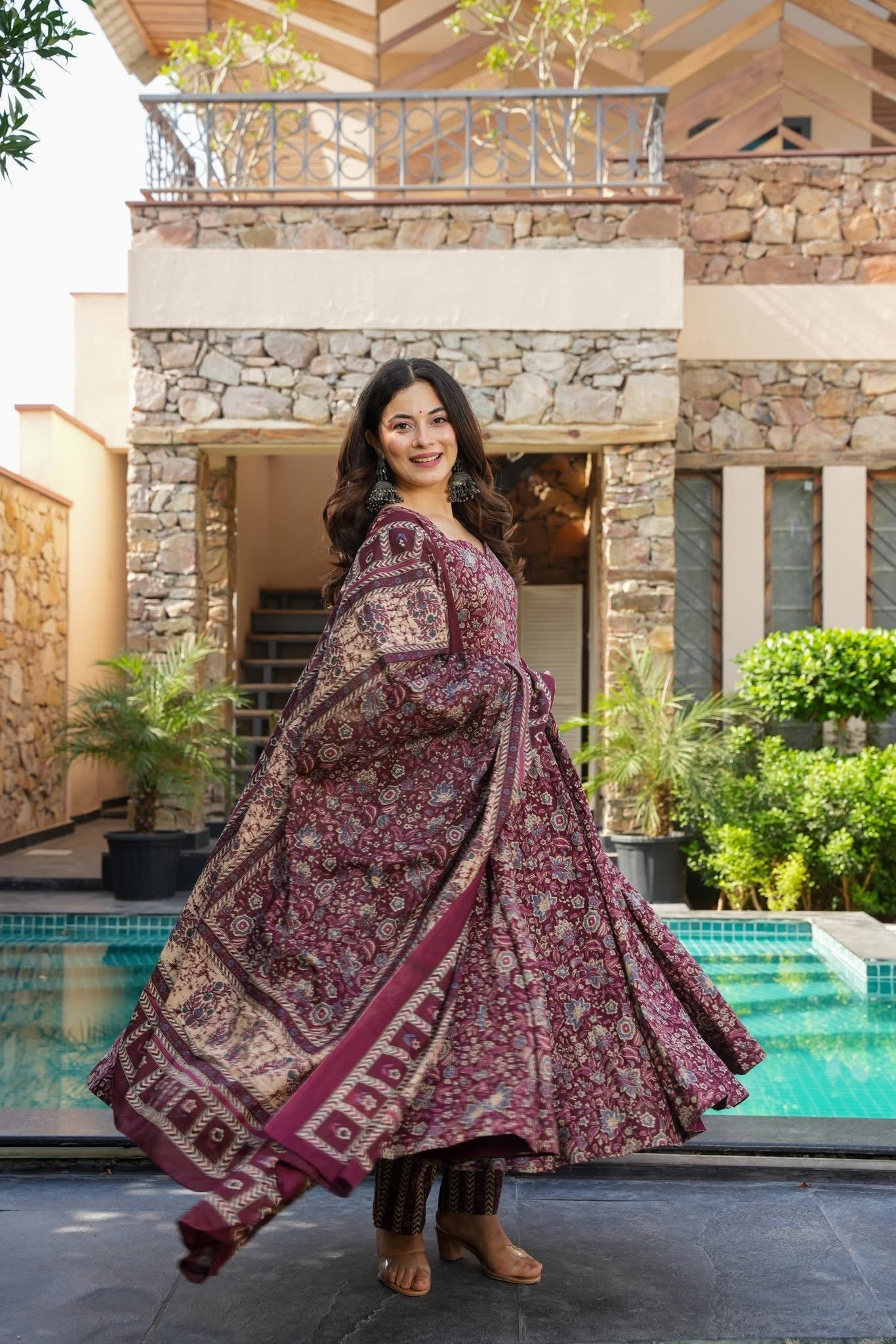 Wine Printed Cotton Anarkali Suit Set with Dupatta