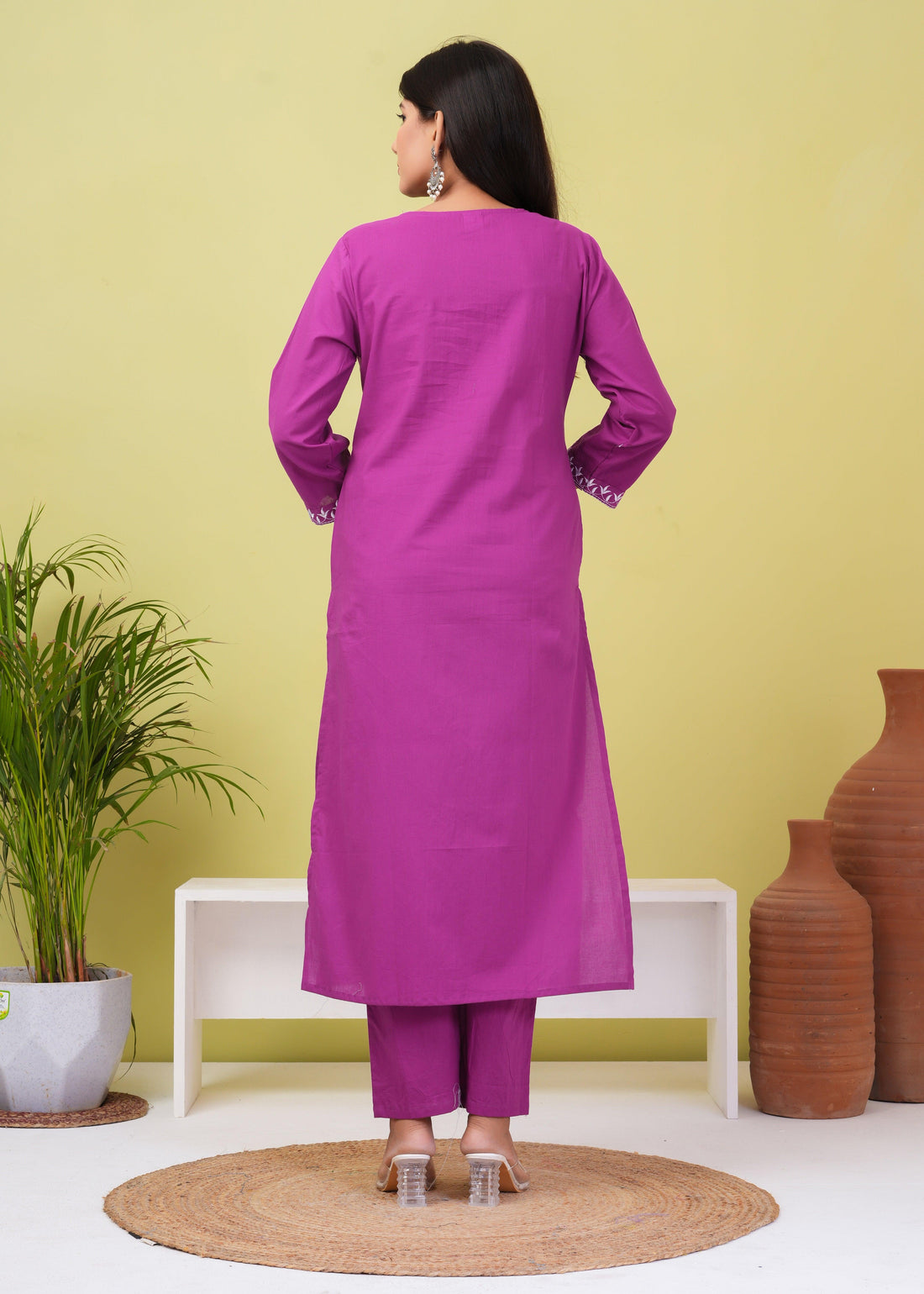 Royal Fuchsia Embroiered Cotton Kurta and Pant Set with Mulmul Dupatta