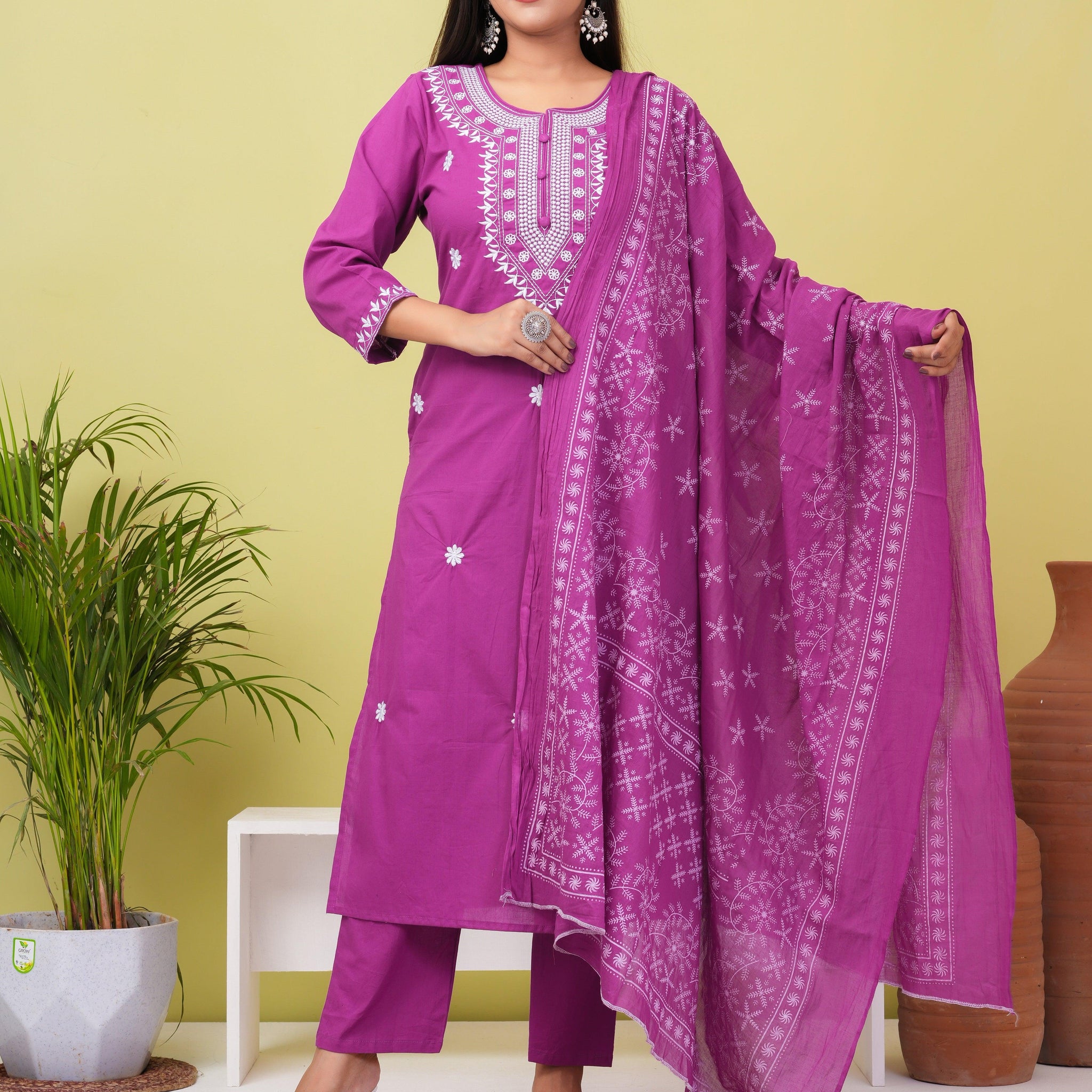 Royal Fuchsia Embroiered Cotton Kurta and Pant Set with Mulmul Dupatta