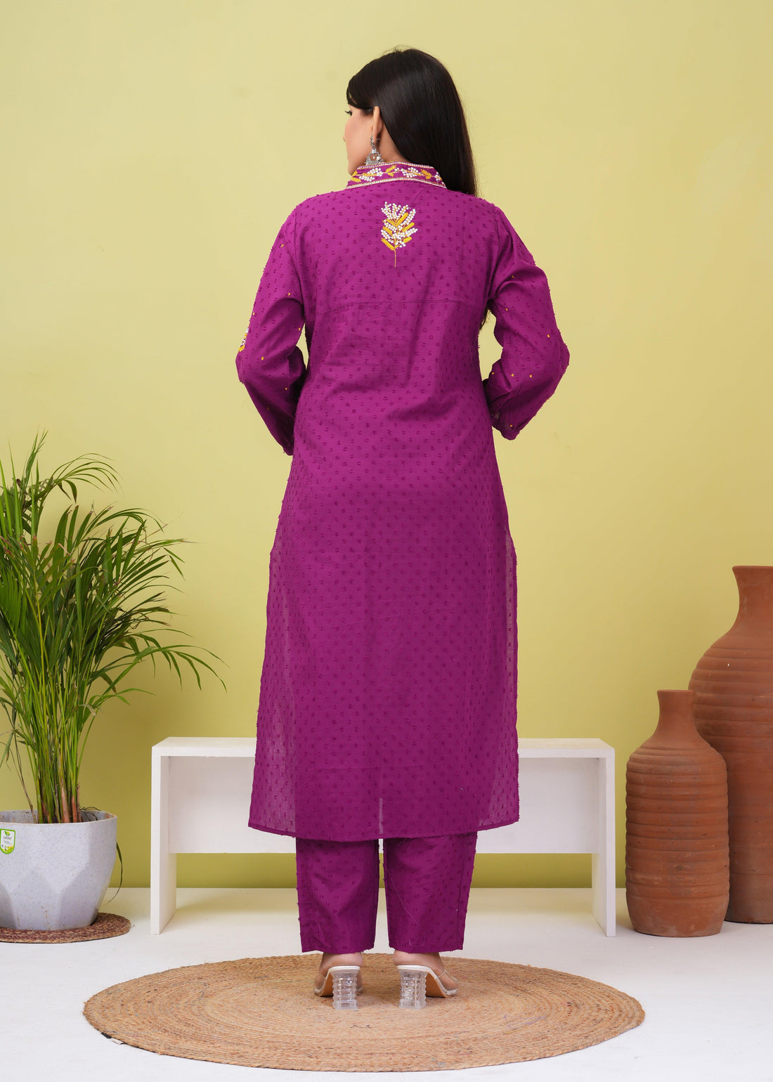 Dark Raspberry Embroidered Boota Cotton Kurta And Pant Set