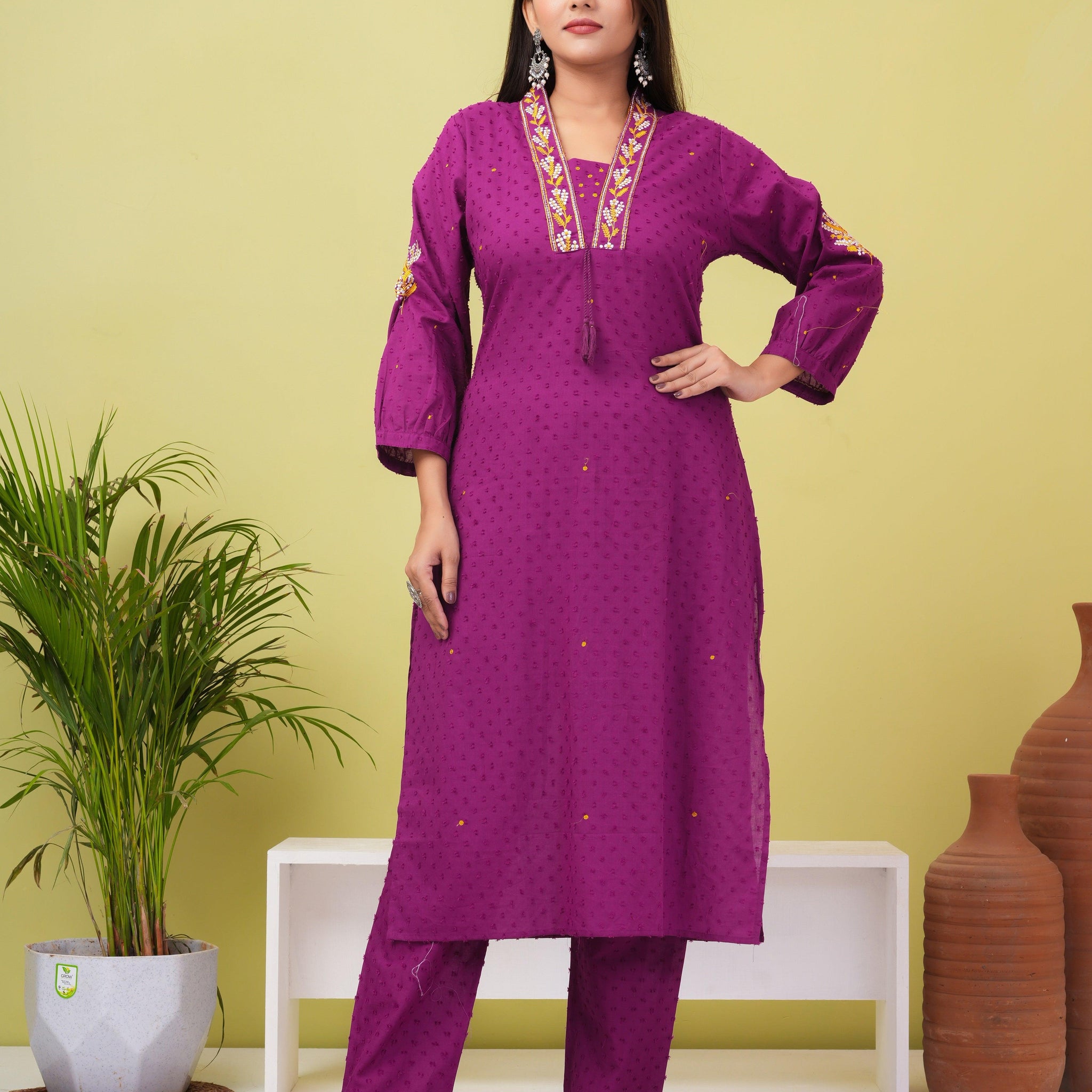 Dark Raspberry Embroidered Boota Cotton Kurta And Pant Set