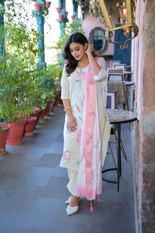 Off White Embroidered Rangila Silk Kurta and Pant Set with Dupatta