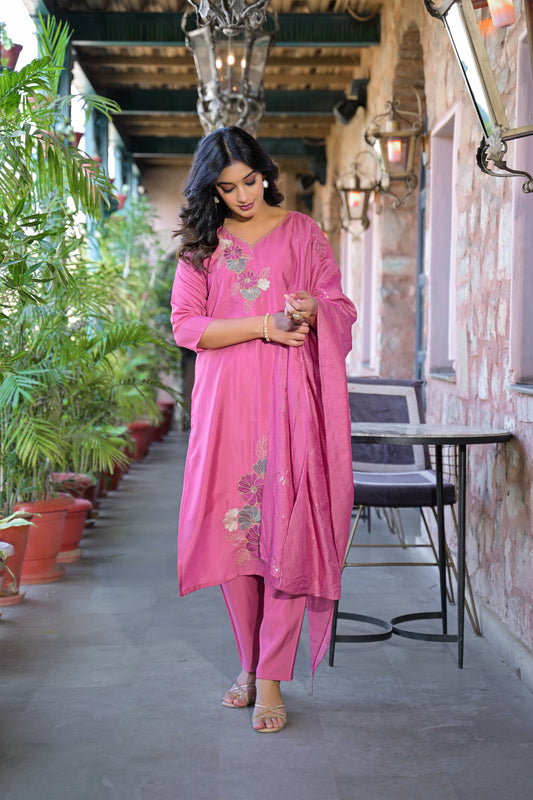 Sky Magenta Embroidered Roman Silk Kurta and Pant Set with Dupatta