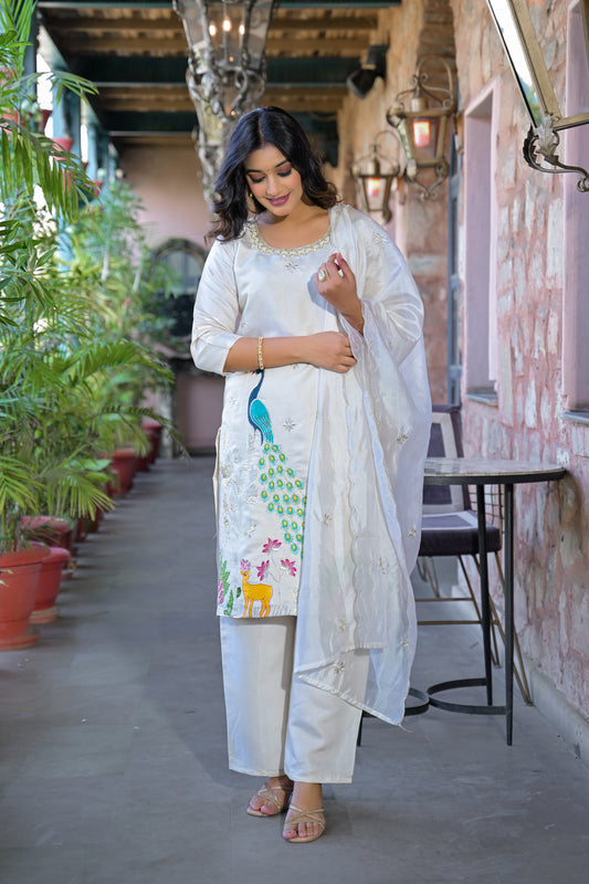 White Heavy Embroidered Glass Silk Suit Set with Dupatta