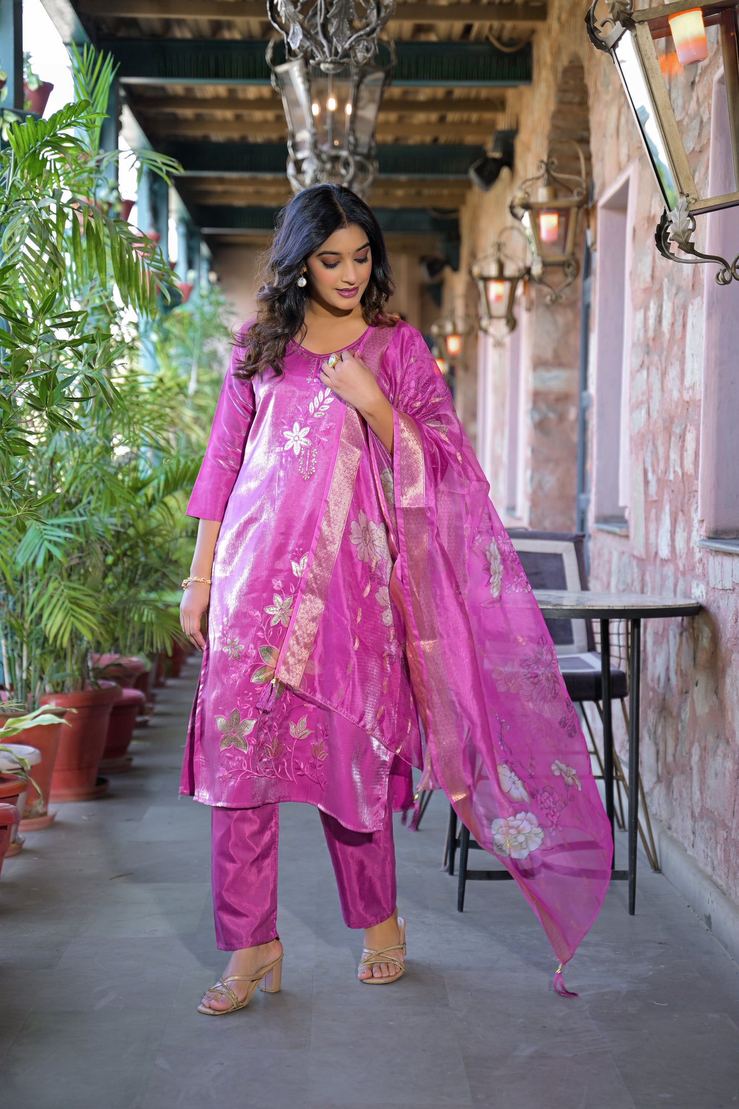 Orchid Embroidered Glass Silk Kurta and Pant Set with Dupatta