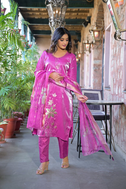 Orchid Embroidered Glass Silk Kurta and Pant Set with Dupatta