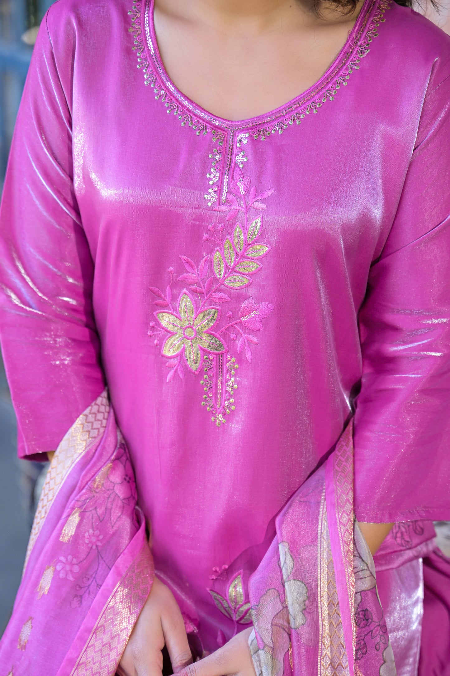 Orchid Embroidered Glass Silk Kurta and Pant Set with Dupatta