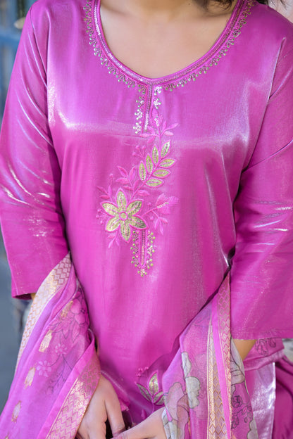 Orchid Embroidered Glass Silk Kurta and Pant Set with Dupatta
