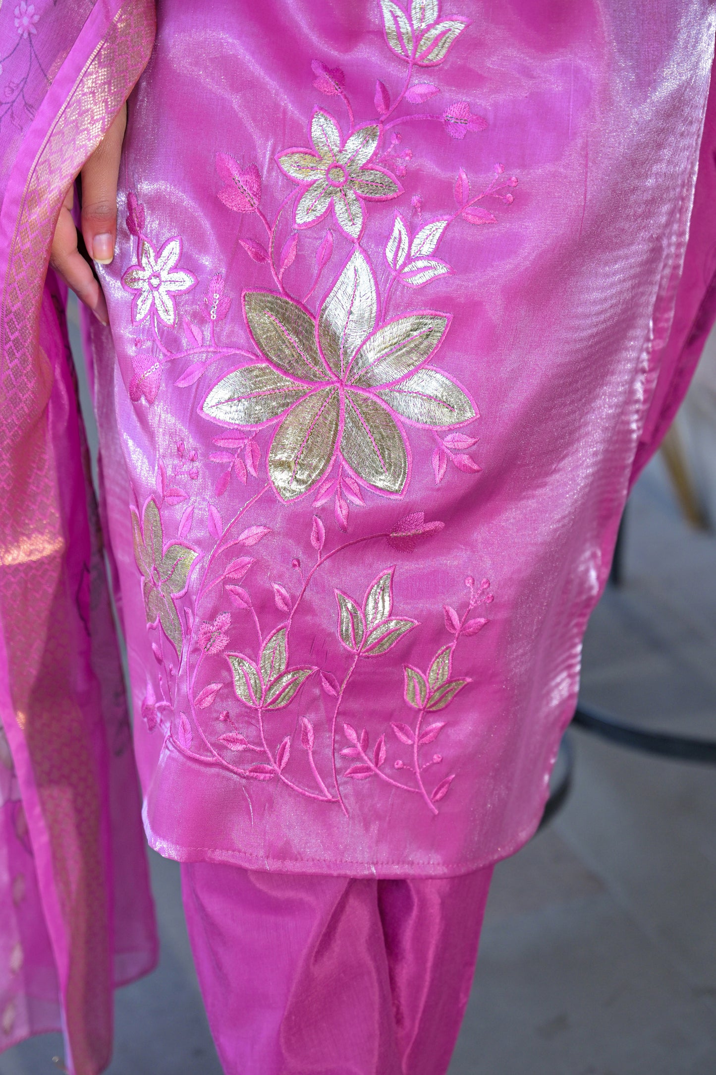 Orchid Embroidered Glass Silk Kurta and Pant Set with Dupatta