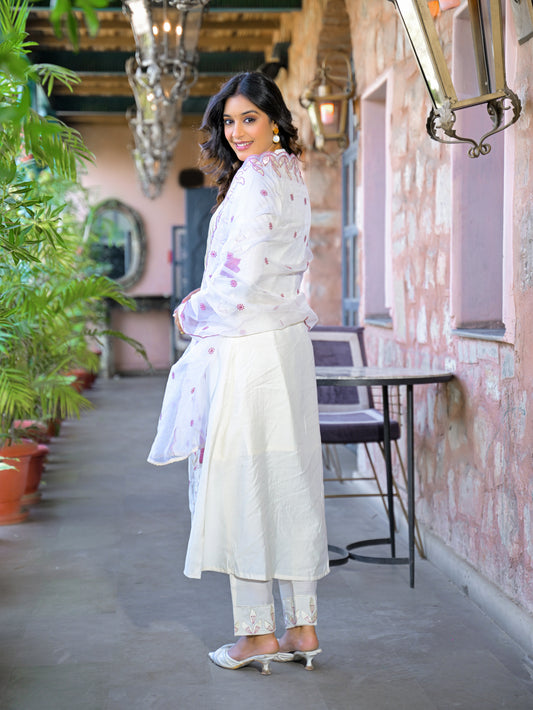 White Embroidered Roman Silk Suit Set