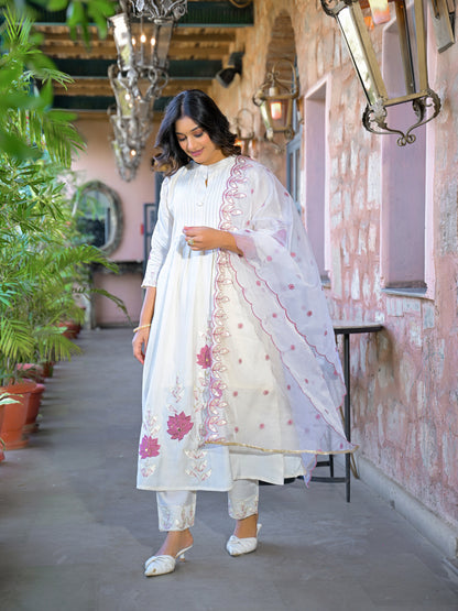 White Embroidered Roman Silk Suit Set