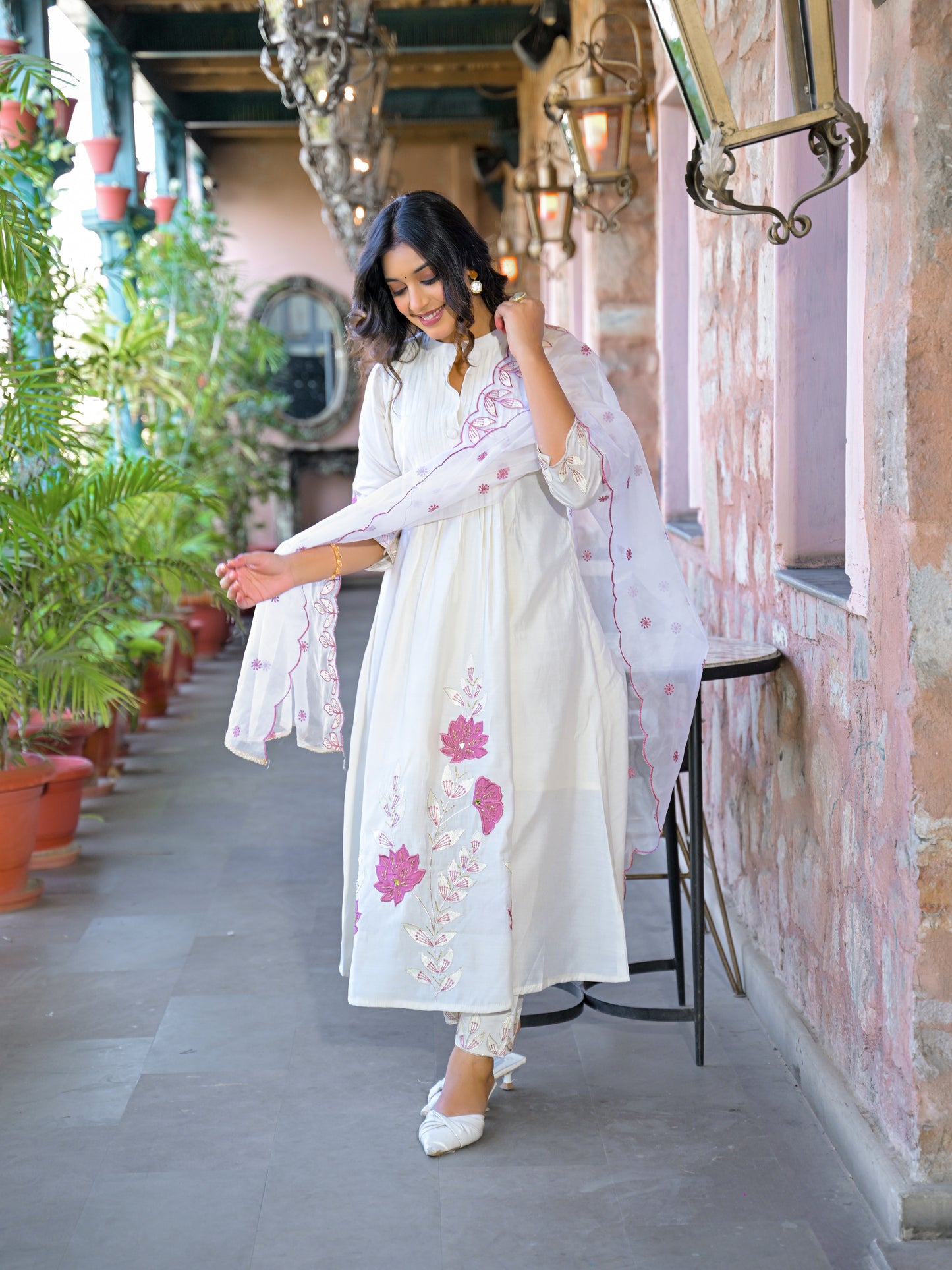 White Embroidered Roman Silk Suit Set