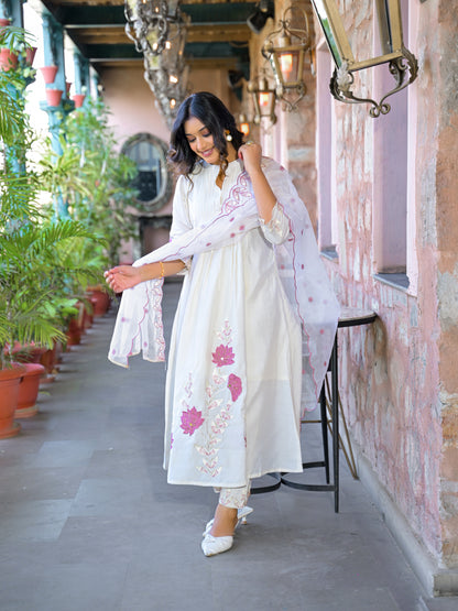 White Embroidered Roman Silk Suit Set
