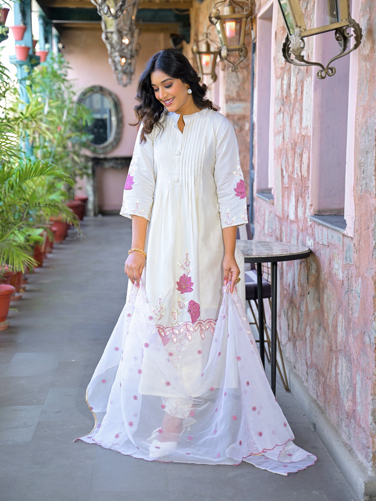 White Embroidered Roman Silk Suit Set