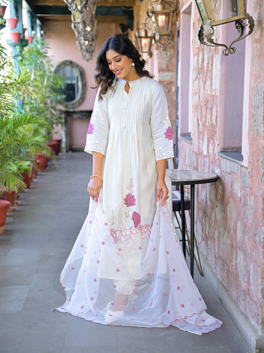 White Embroidered Roman Silk Suit Set