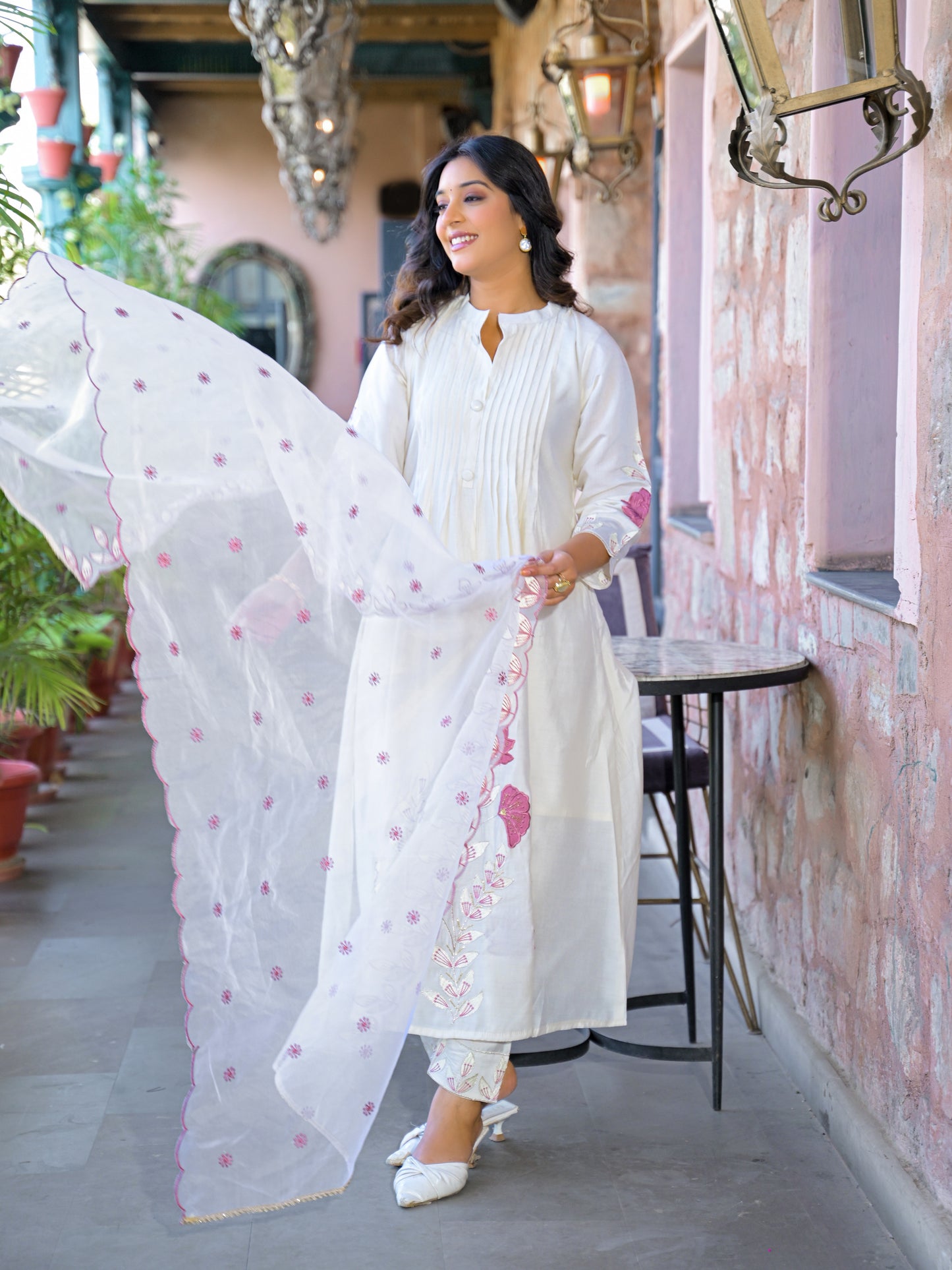 White Embroidered Roman Silk Suit Set