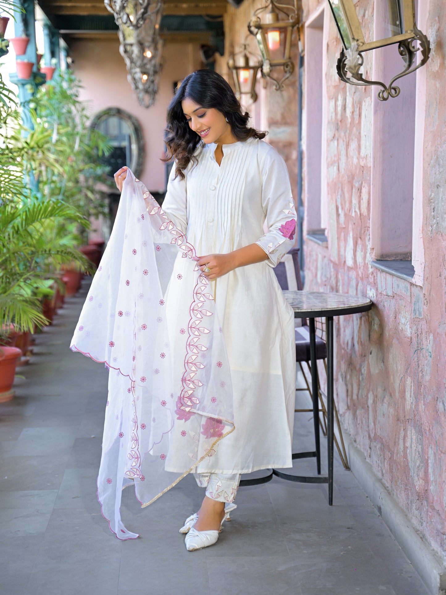 White Embroidered Roman Silk Suit Set