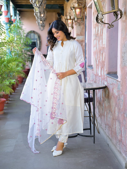 White Embroidered Roman Silk Suit Set