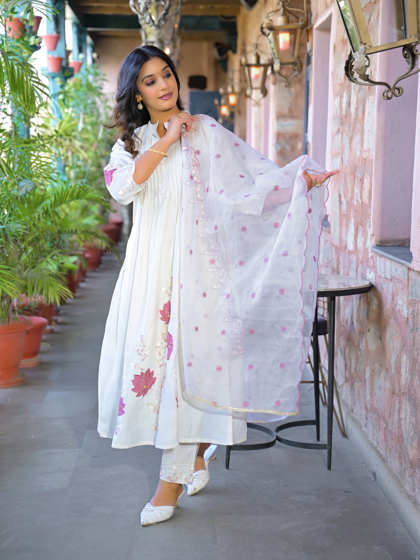 White Embroidered Roman Silk Suit Set