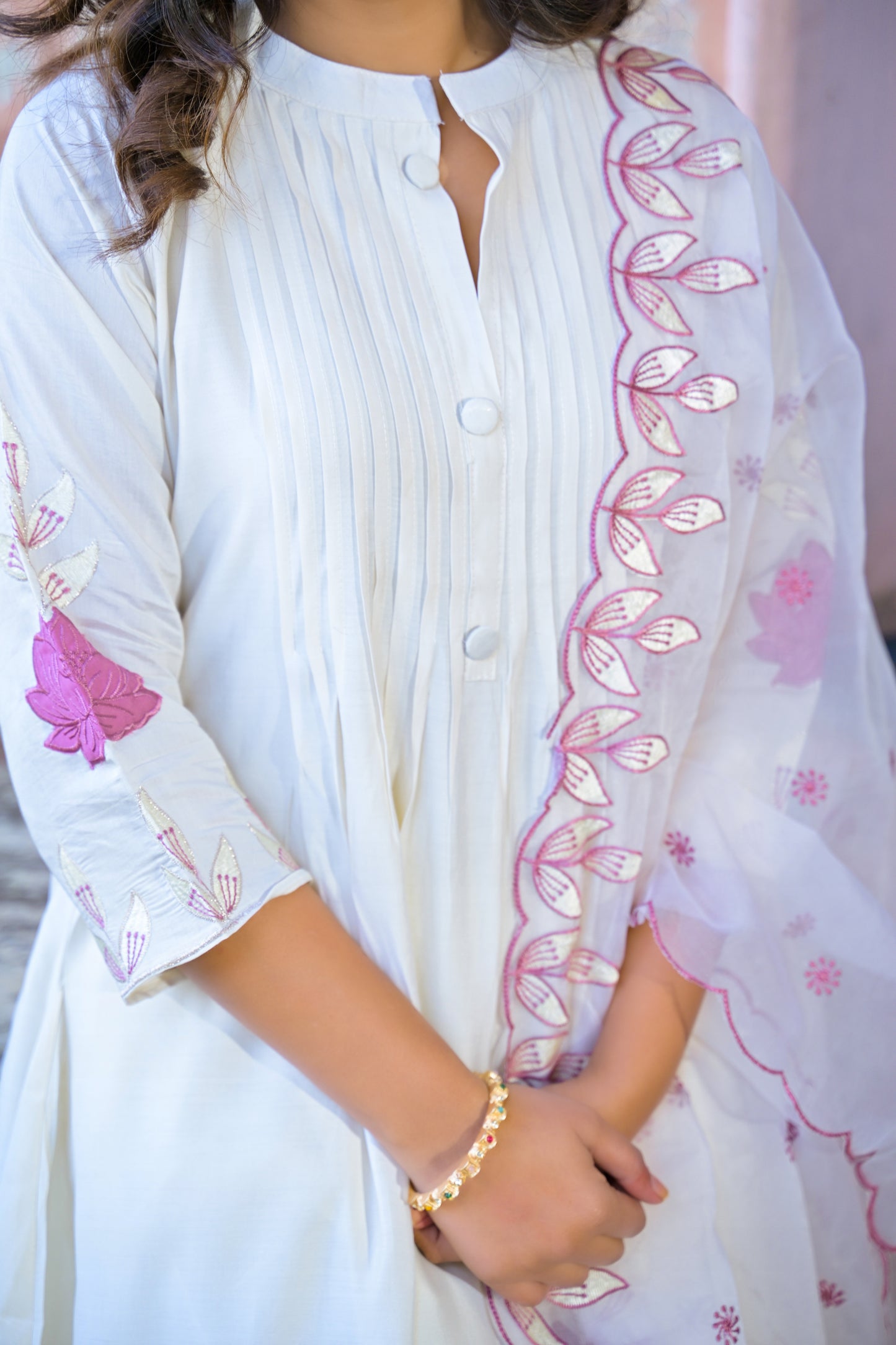 White Embroidered Roman Silk Suit Set