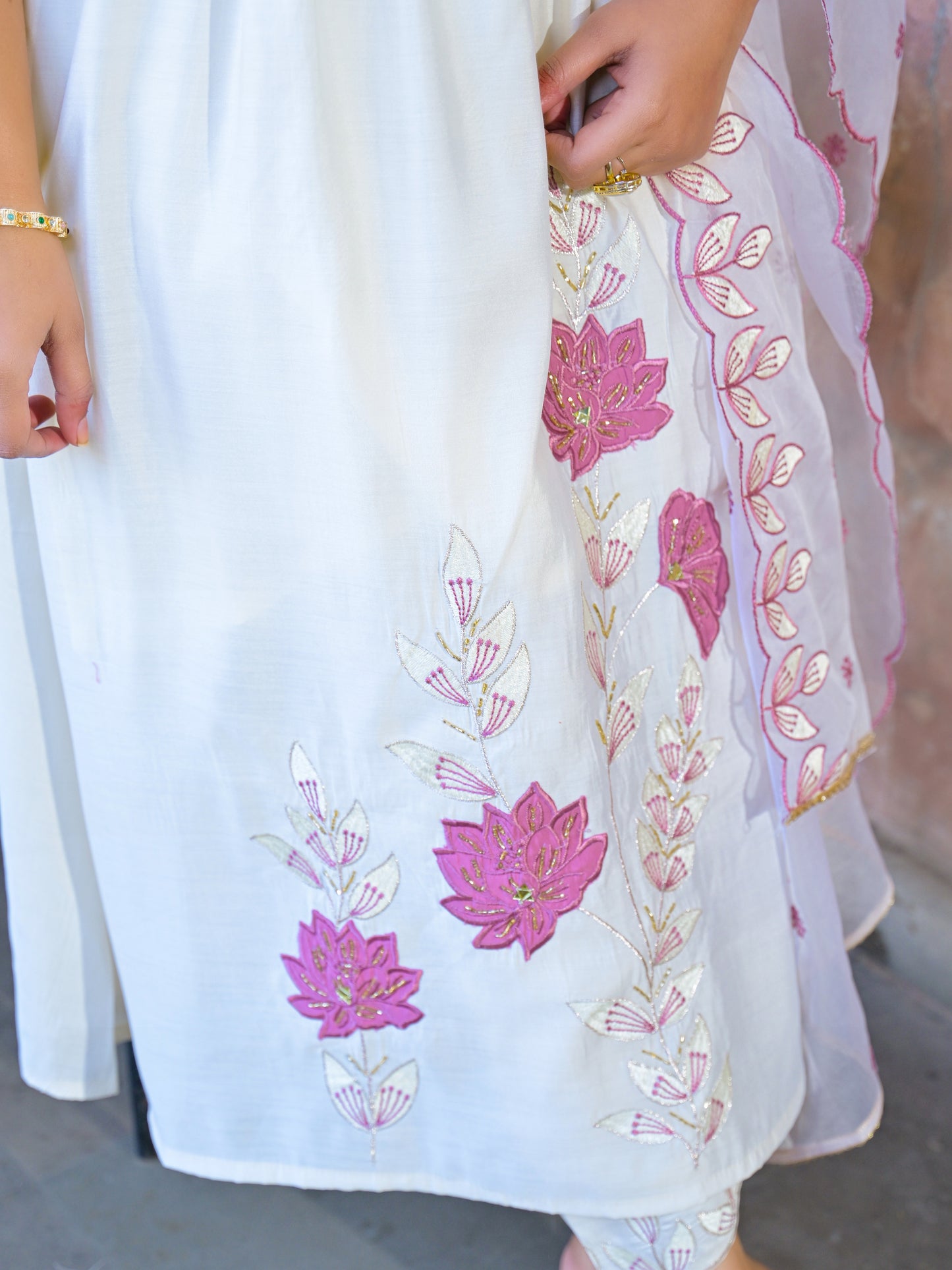 White Embroidered Roman Silk Suit Set