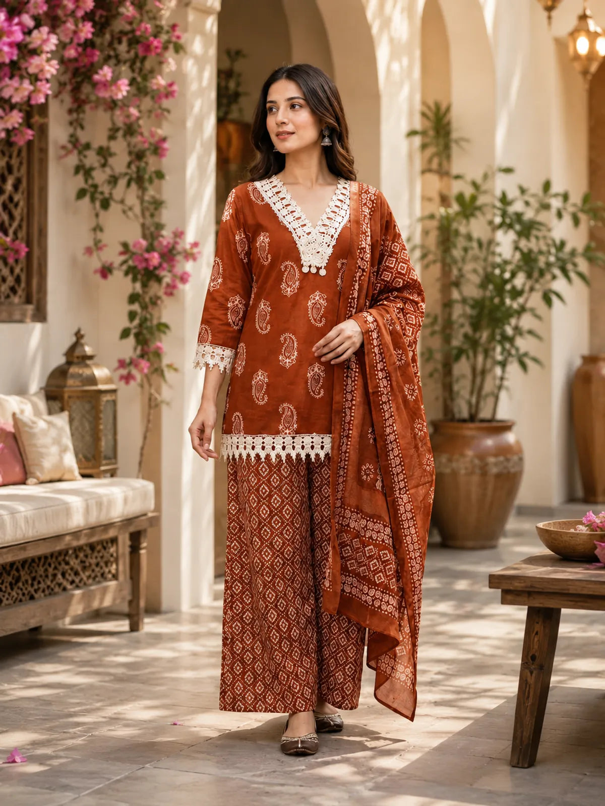 Rust Brown Printed Cotton Farsi Salwar Suit Set with Dupatta