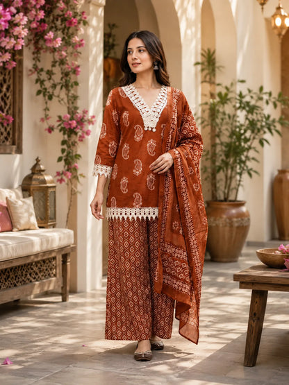 Rust Brown Printed Cotton Farsi Salwar Suit Set with Dupatta