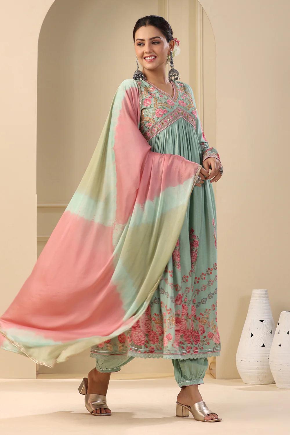 Sage Green Embroidered Floral Printed Muslin Anarkali Suit Set with Dupatta