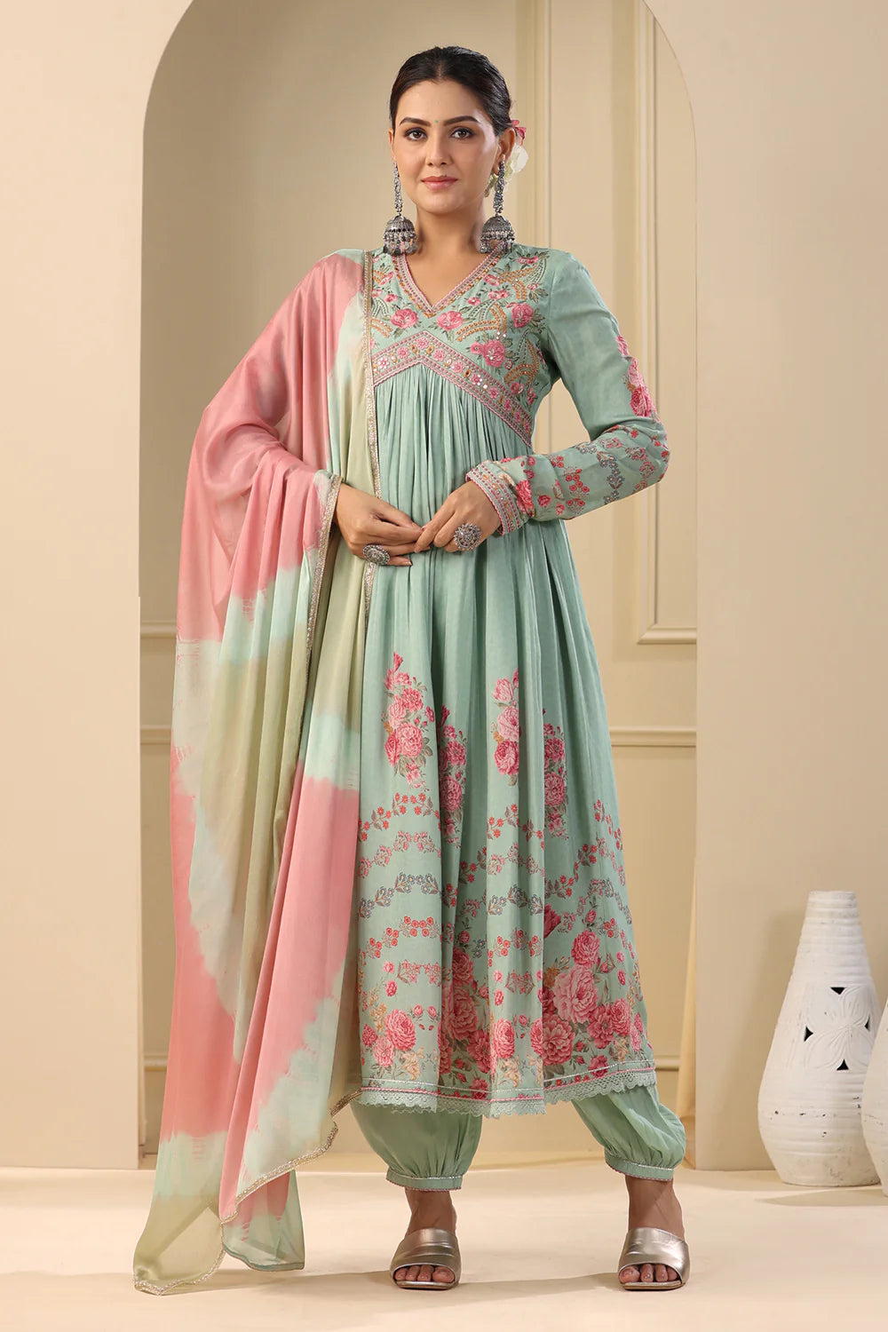 Sage Green Embroidered Floral Printed Muslin Anarkali Suit Set with Dupatta