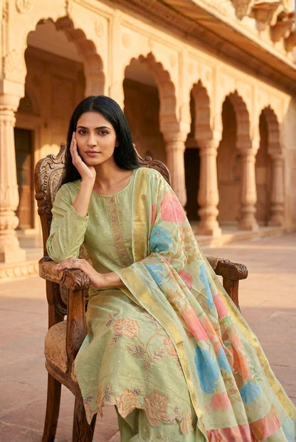 Green Smoke Embroidered Poly Jaquard Suit Set with Dupatta
