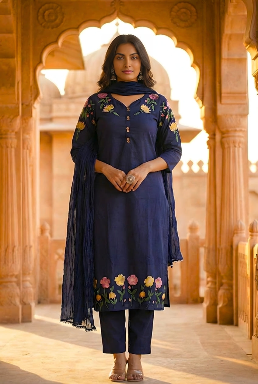 Navy Blue Embroidered Cotton Kurta and Pant Set with Dupatta