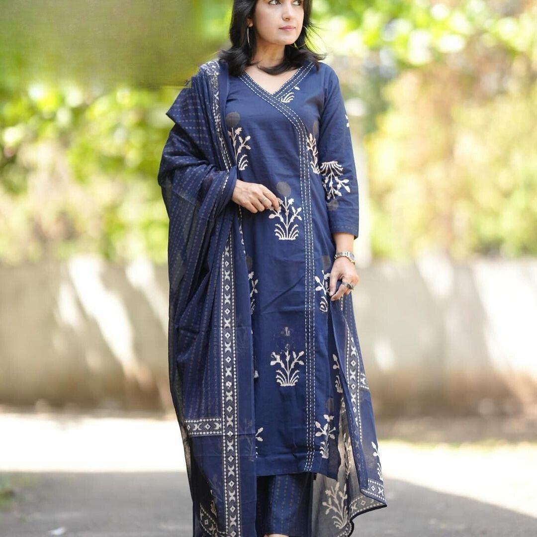 Navy Blue Printed Cotton Kurta and Pant Set with Mulmul Dupatta