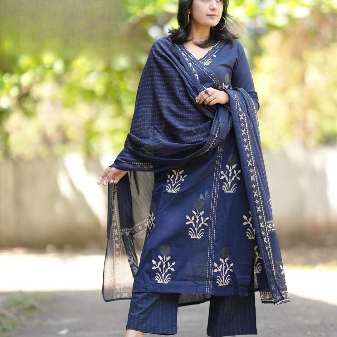 Navy Blue Printed Cotton Kurta and Pant Set with Mulmul Dupatta