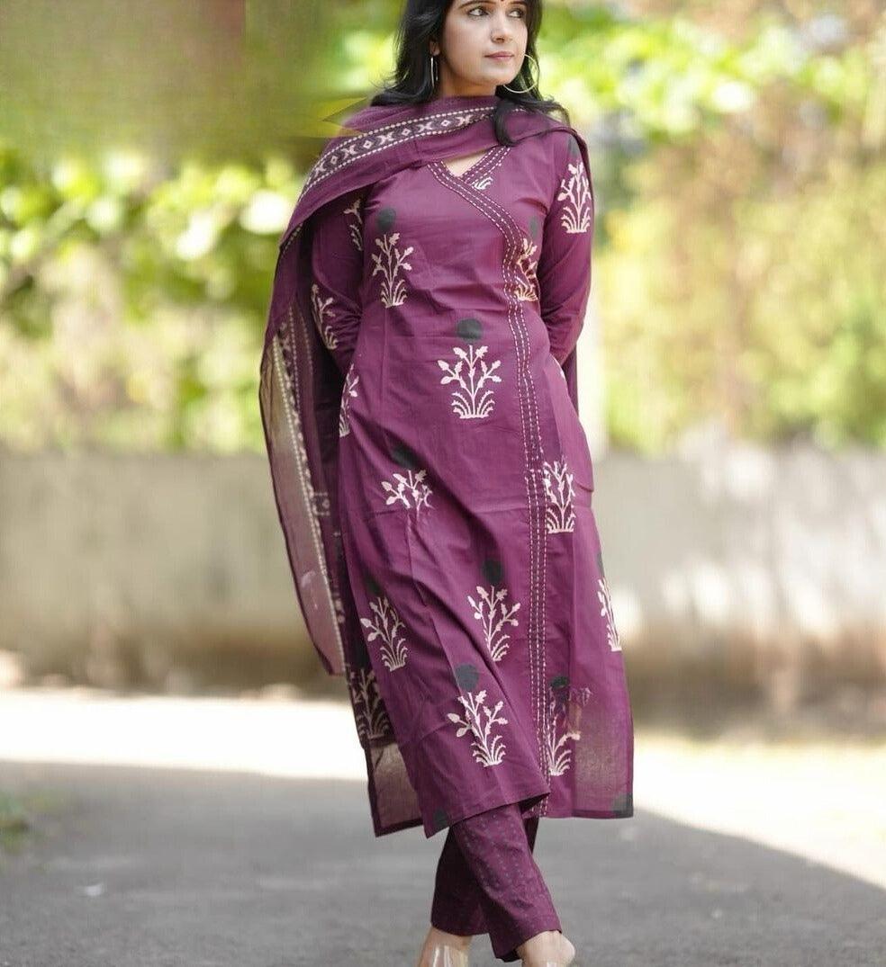 Maroon Printed Cotton Kurta and Pant Set with Mulmul Dupatta